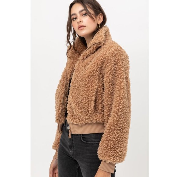 NEW Camel Cozy Soft Fluffy Fur Teddy Bomber Jacket - Picture 5 of 10